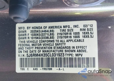 2012 Honda Cr-V Lx from USA, damaged, VIN 5J6RM4H35CL031923